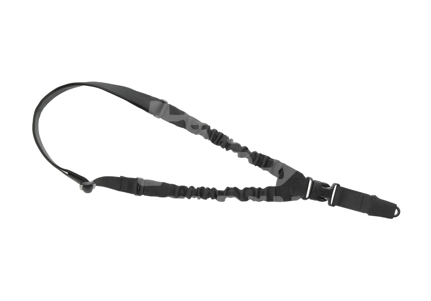 Schwarzer Airsoft-Gewehrriemen mit elastischen Abschnitten und Schnallen.