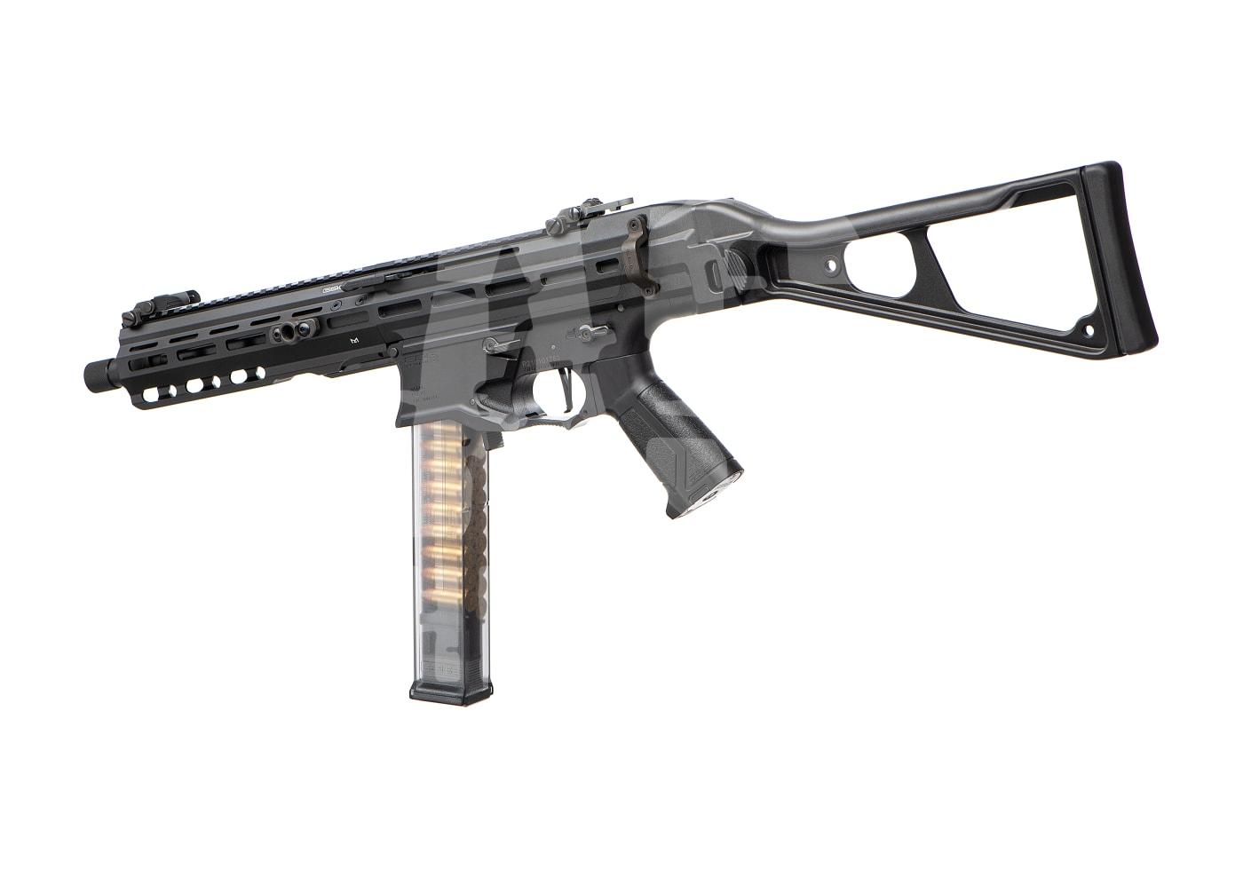 Airsoft-Gewehr mit modernem Design, transparentem Magazin und taktischem Handgriff.