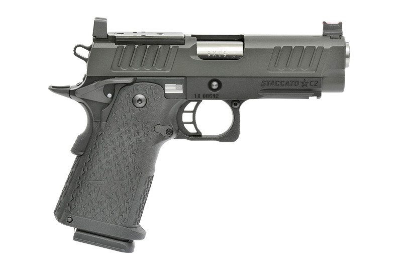 Schwarze Airsoft-Pistole, Modell 1911-inspiriert, Kompaktbauweise, mit strukturiertem Griff und taktischem Design.