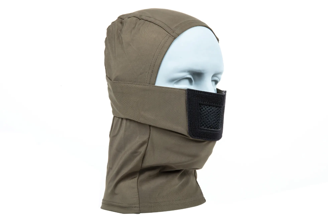 Taktische Sturmhaube mit Gesichtsmaske, olivgrün, Mesh-Einsatz. Ideal für Airsoft-Spiele.