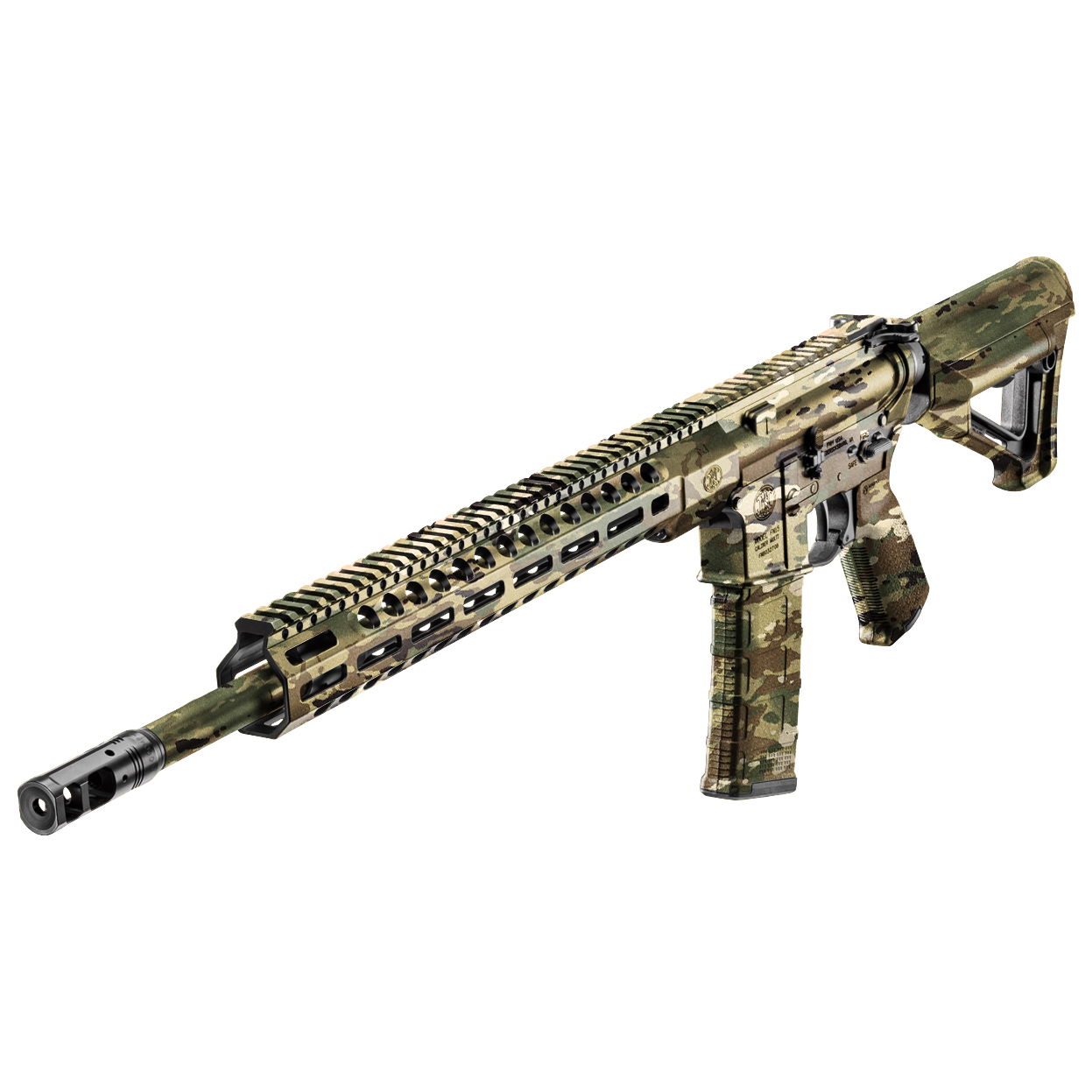 Airsoft-Gewehr mit Tarnmuster, länglicher Lauf und taktisches Design für realistische Simulationen.