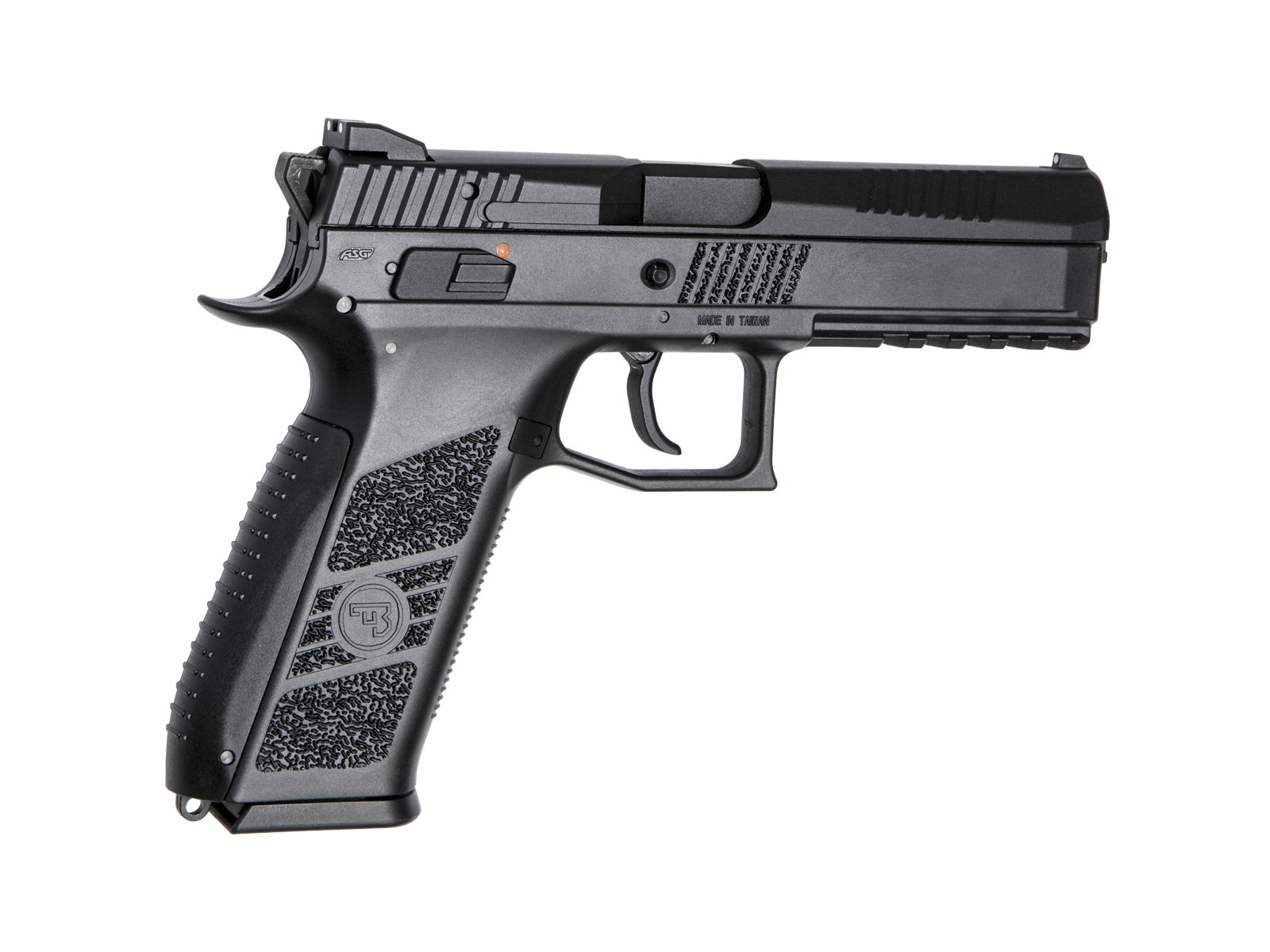 Schwarze Airsoft-Pistole, rechte Seitenansicht, mit strukturiertem Griff und taktischen Details.