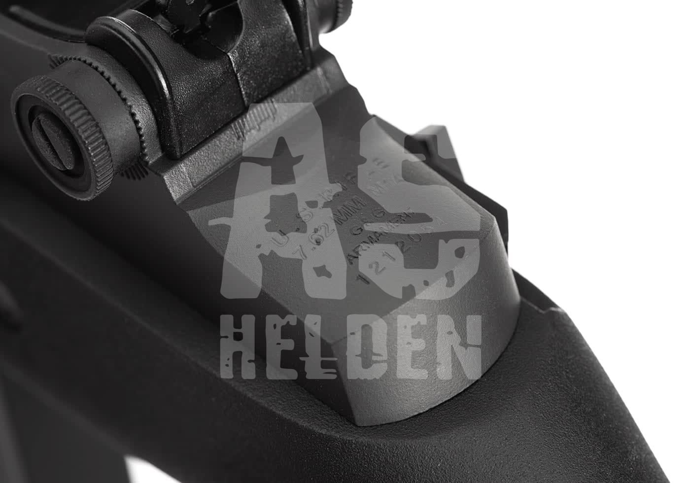 G&G GR14 E.T.U. S-AEG - ab 18 Jahren Nahaufnahme eines schwarzen Airsoft-Visiers mit Gravur.