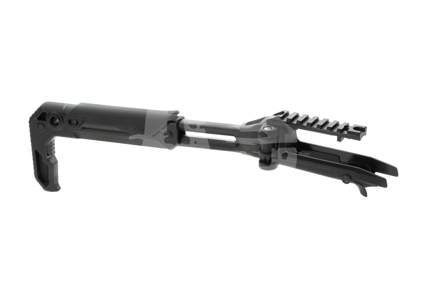 Airsoft Klappschaft mit Schienensystem, schwarz, für Gewehranpassung und Zubehörmontage.