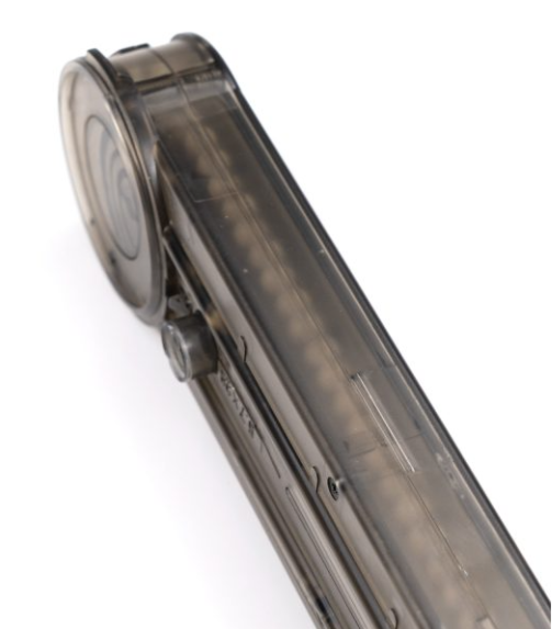 Transparenter Airsoft-Granatwerfer mit zylindrischem Design für BBs.