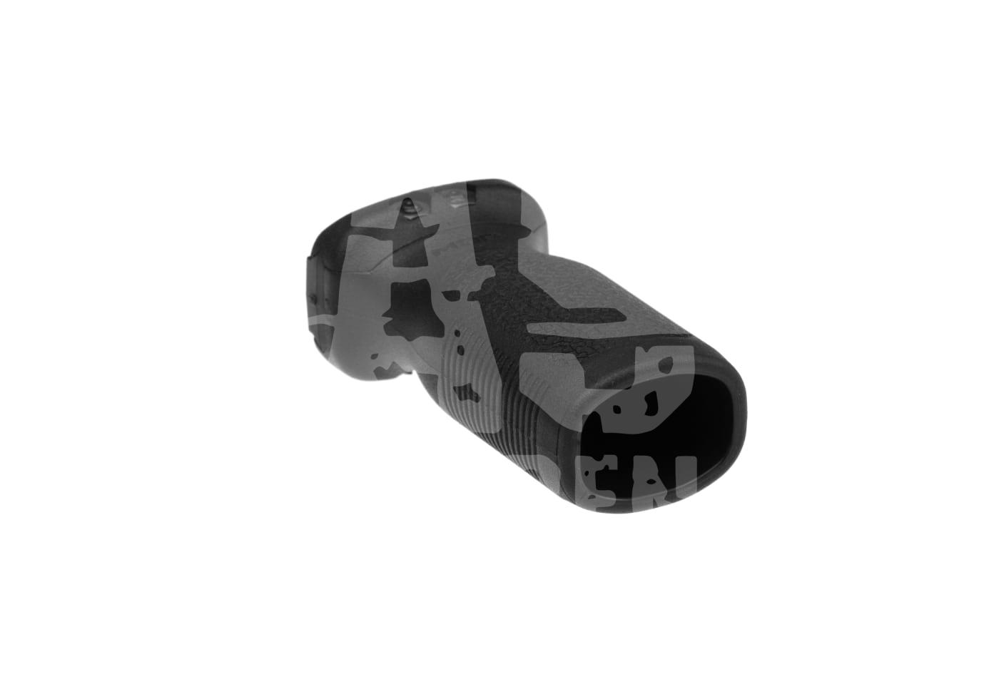 Schwarzer Airsoft-Pistolengriff, leicht angewinkelt, vor weißem Hintergrund.