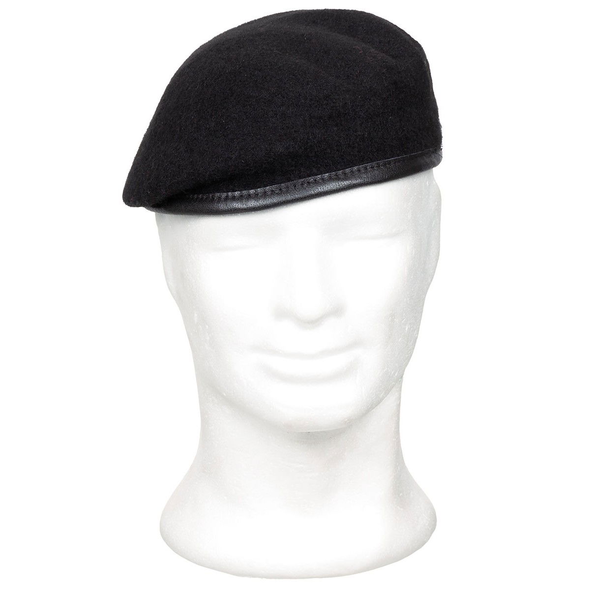 Commando Barett, schwarz Schwarzes Barett auf weißem Schaumstoffkopf, militärischer Stil.