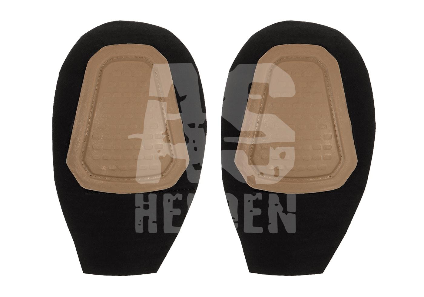Zwei schwarze Kniepolster mit beige verstärkten Flächen, ideal für Airsoft-Ausrüstung.