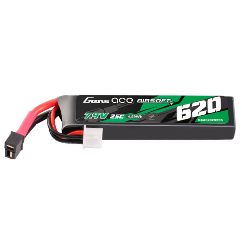 Gens Ace Airsoft LiPo-Akku, 7,4V, 25C, 620mAh, schwarz-grün, mit Kabeln und Anschlüssen.