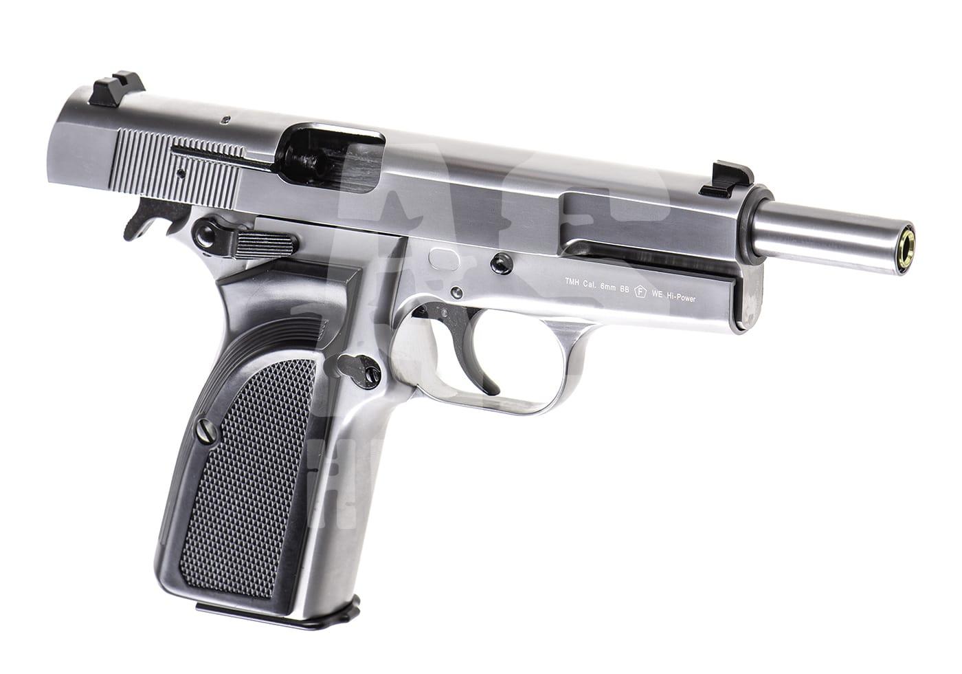WE Hi-Power Mk3 Full Metal GBB - ab 18 Jahren Silberne Airsoft-Pistole mit freiem Verschluss und Griffstruktur.