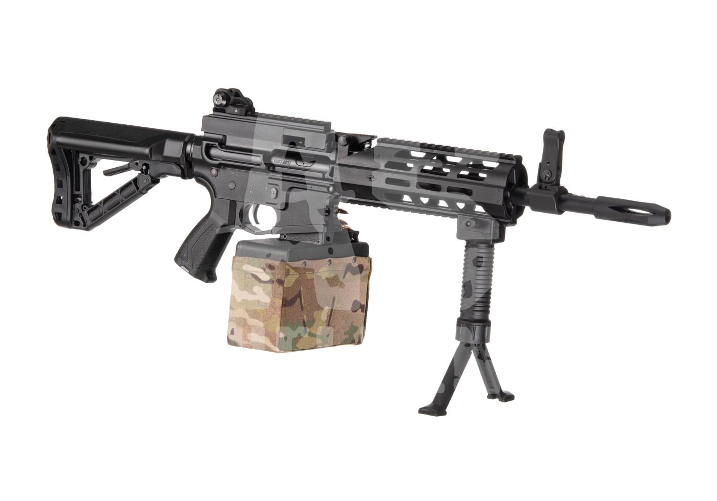 CM16 LMG 0.5J - ab 16 Jahren Airsoft-Maschinengewehr mit Zweibein und Tarnmagazin, seitliche Ansicht.