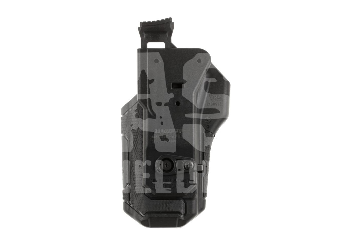 Schwarzes Kydex-Holster für Airsoft-Pistolen mit strukturierter Oberfläche und Montagepunkt.