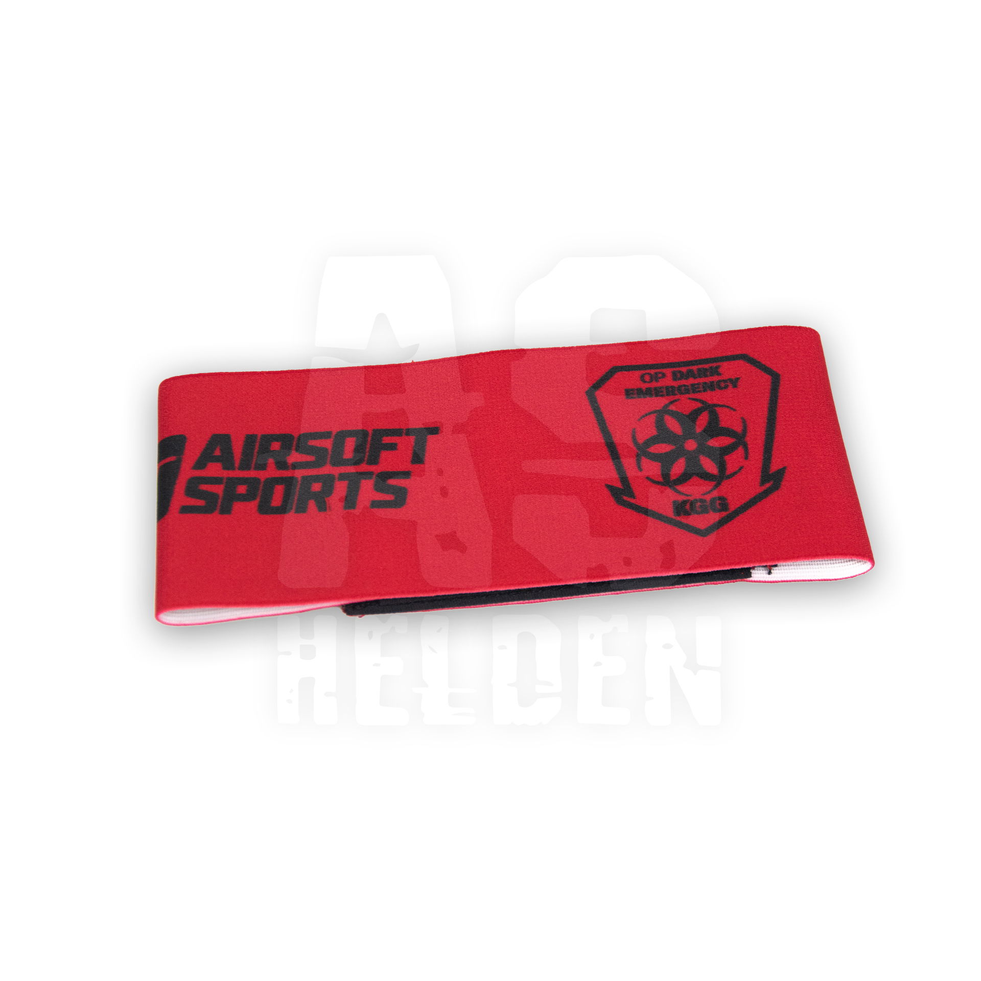 Dark Emergency Team Armband - Rot (KGG) Rotes Armband mit Aufdruck „Airsoft Sports“ und „Op Dark Emergency KOG“.