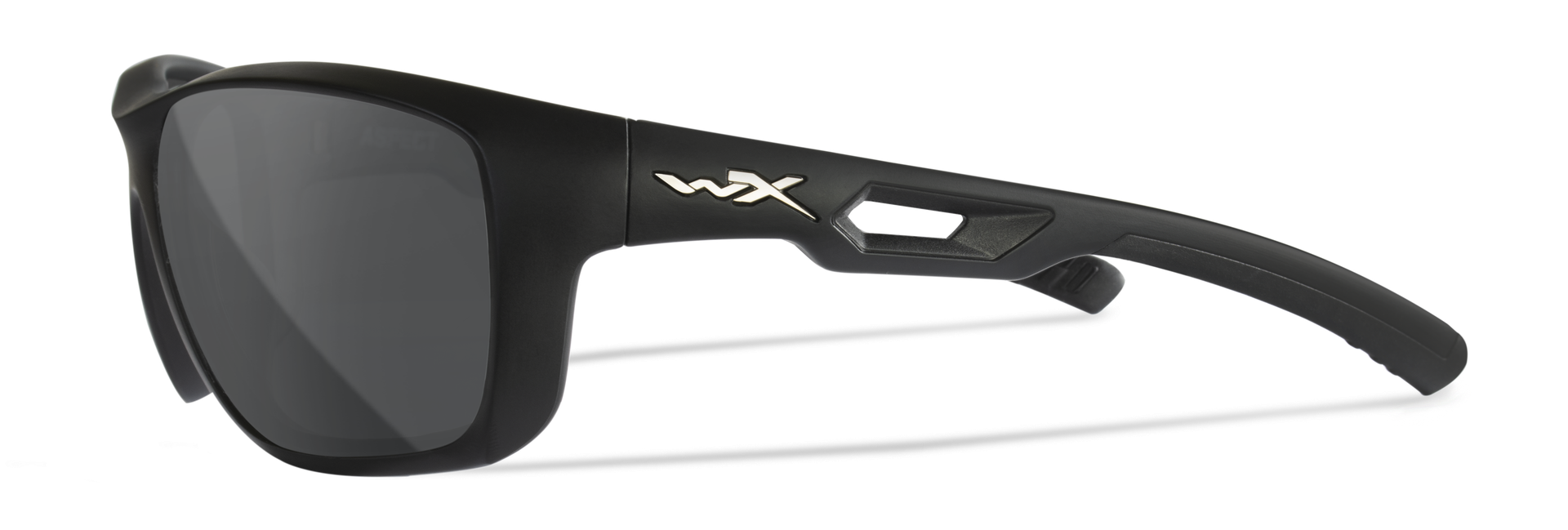 Schwarze Sonnenbrille mit matten Gläsern und seitlichem Logo auf dem Bügel.