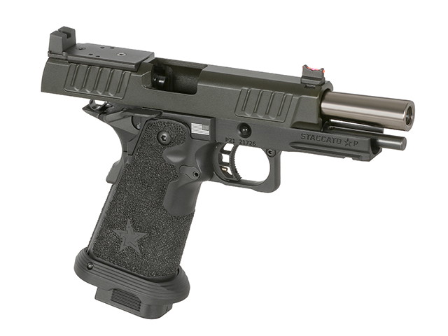 Schwarze Airsoft-Pistole mit strukturiertem Griff und sichtbarem Lauf in seitlicher Ansicht.