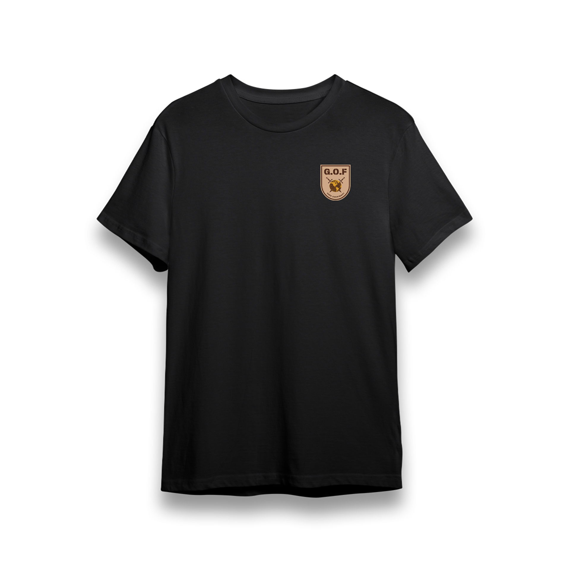 Schwarzes T-Shirt mit G.O.F Emblem auf der Brust, schlichtes Design, Airsoft-geeignet.