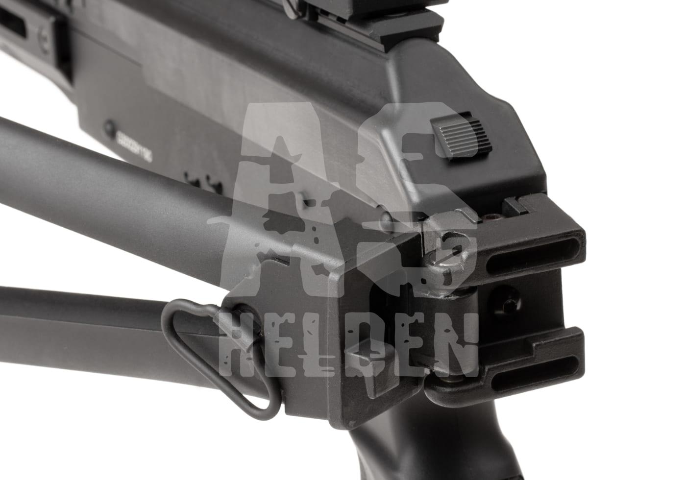 Gefaltete Schulterstütze einer Airsoft-Waffe in Nahaufnahme.