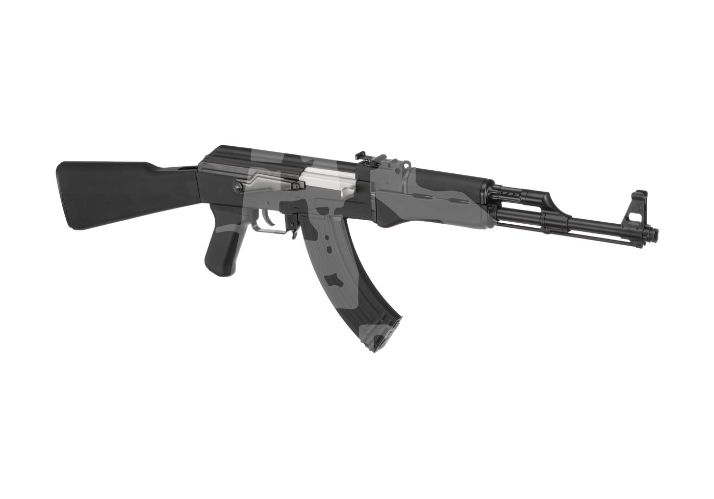 Airsoft-Sturmgewehr im AK-Design, schwarz, seitliche Ansicht.