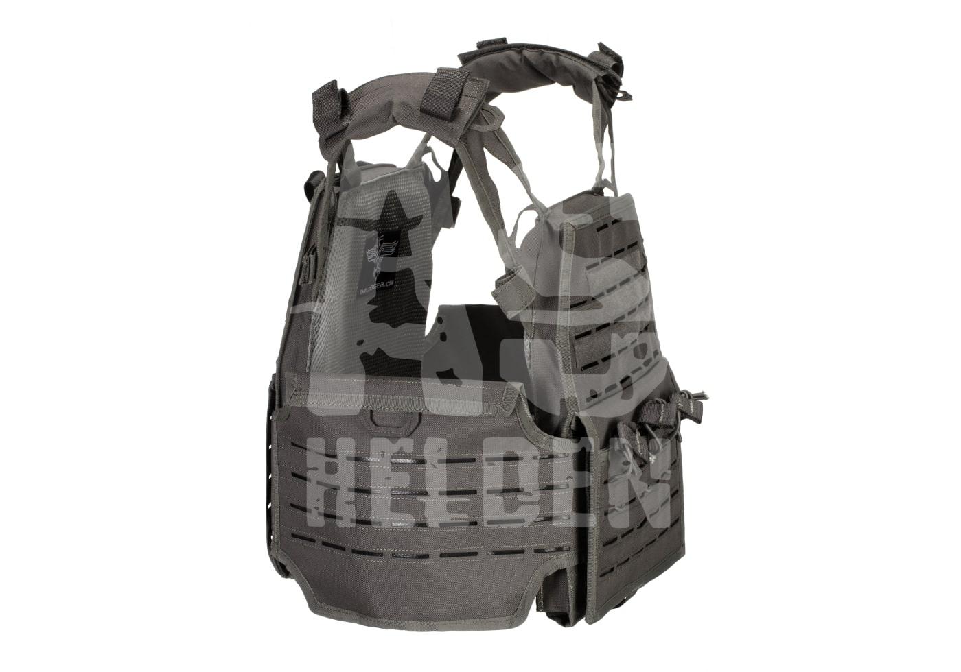 Taktische Weste in Grau mit Lasercut-MOLLE-System für Airsoft-Zubehör.