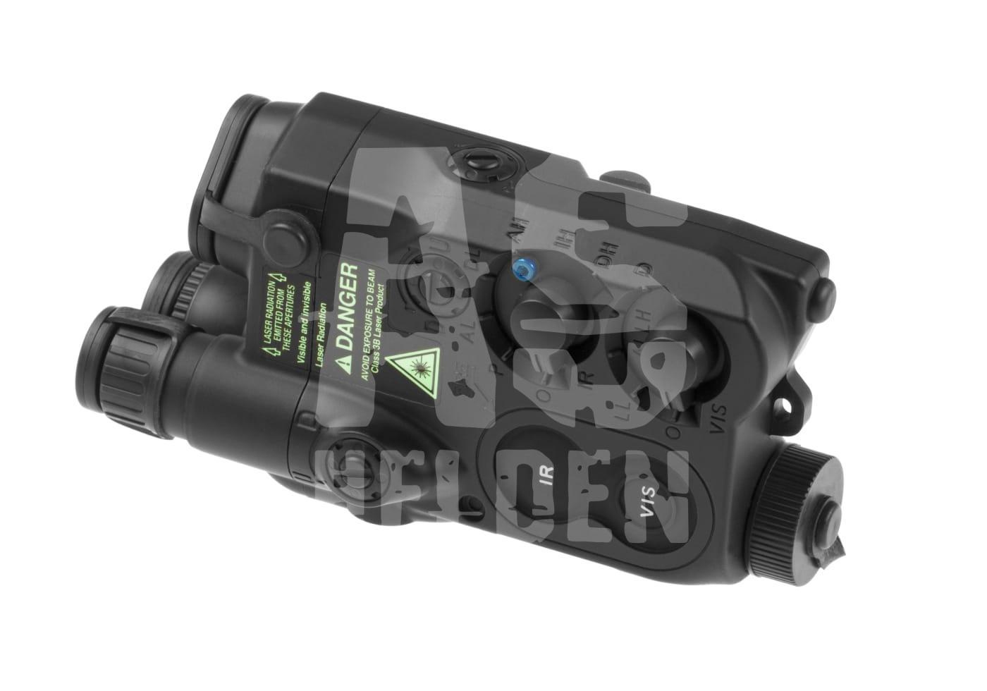 Kompaktes Airsoft-Laser-Lichtmodul, schwarz, mit verschiedenen Einstellungen und Bedienelementen.