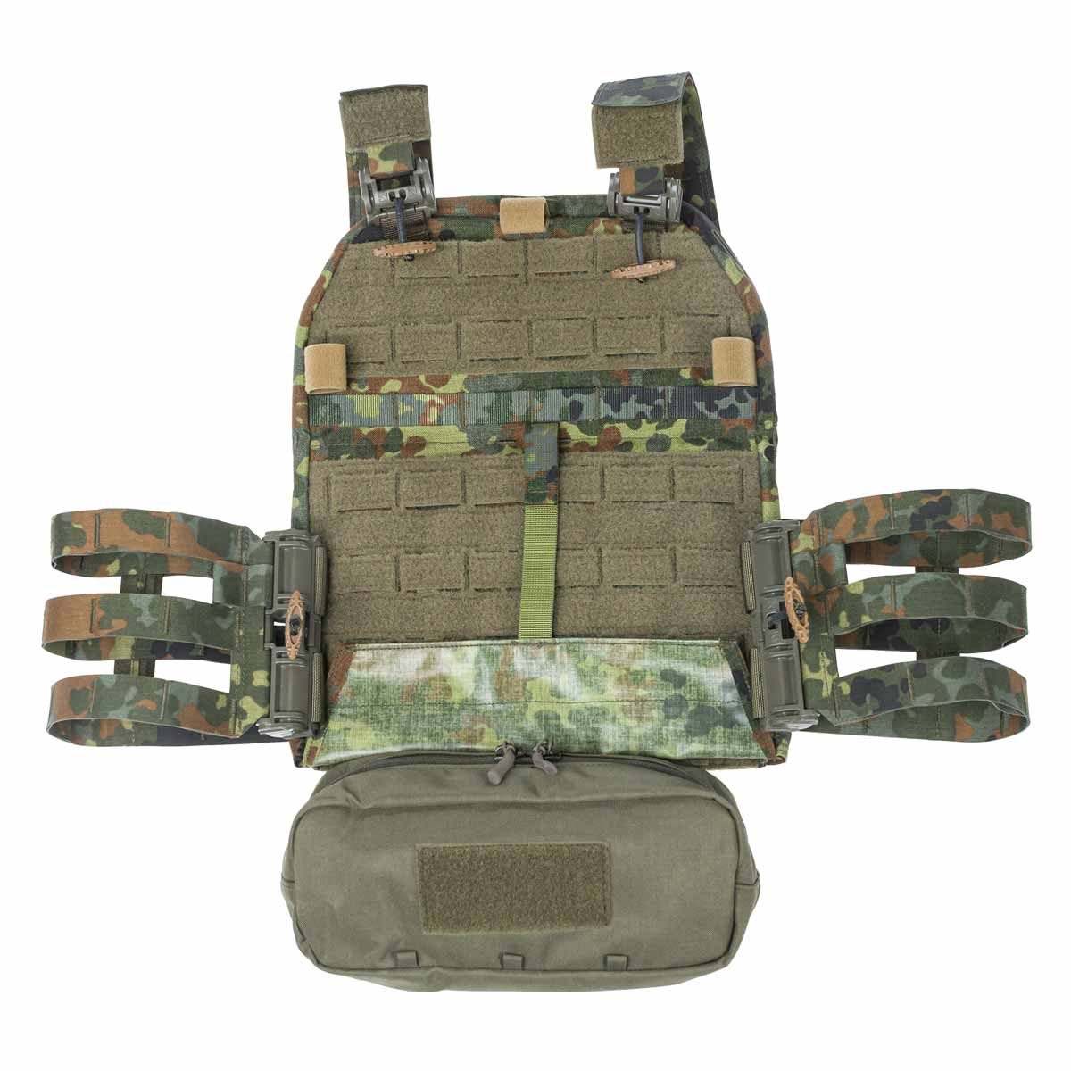 Camouflage-Plattenträger mit MOLLE-System und Aufbewahrungstasche, ideal für Airsoft.