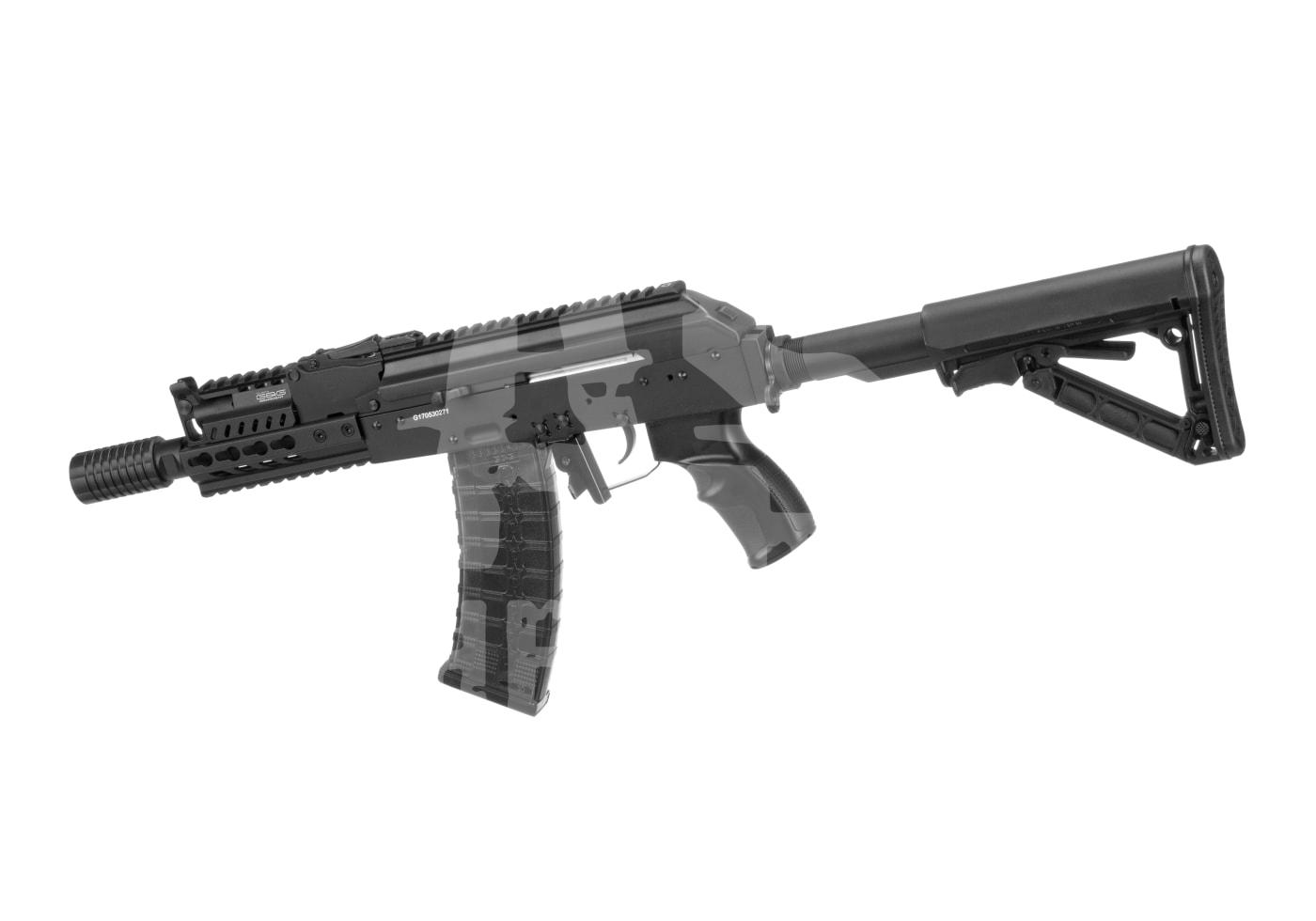 Airsoft-Gewehr mit taktischem Schaft, schwarzem Gehäuse und montiertem Magazin, seitliche Ansicht.