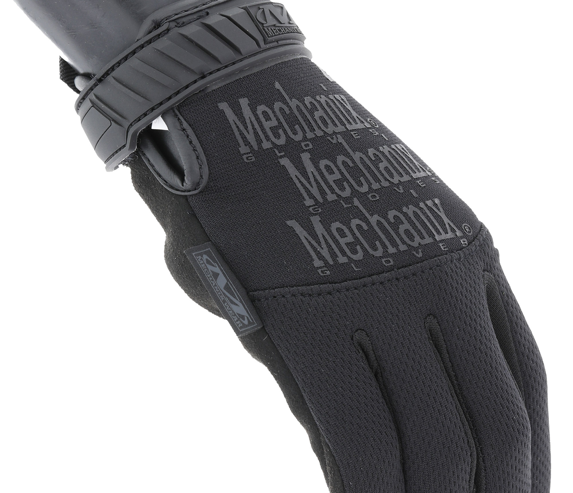 Schwarzer Mechanix-Handschuh mit Klettverschluss für Airsoft und Outdoor-Aktivitäten.