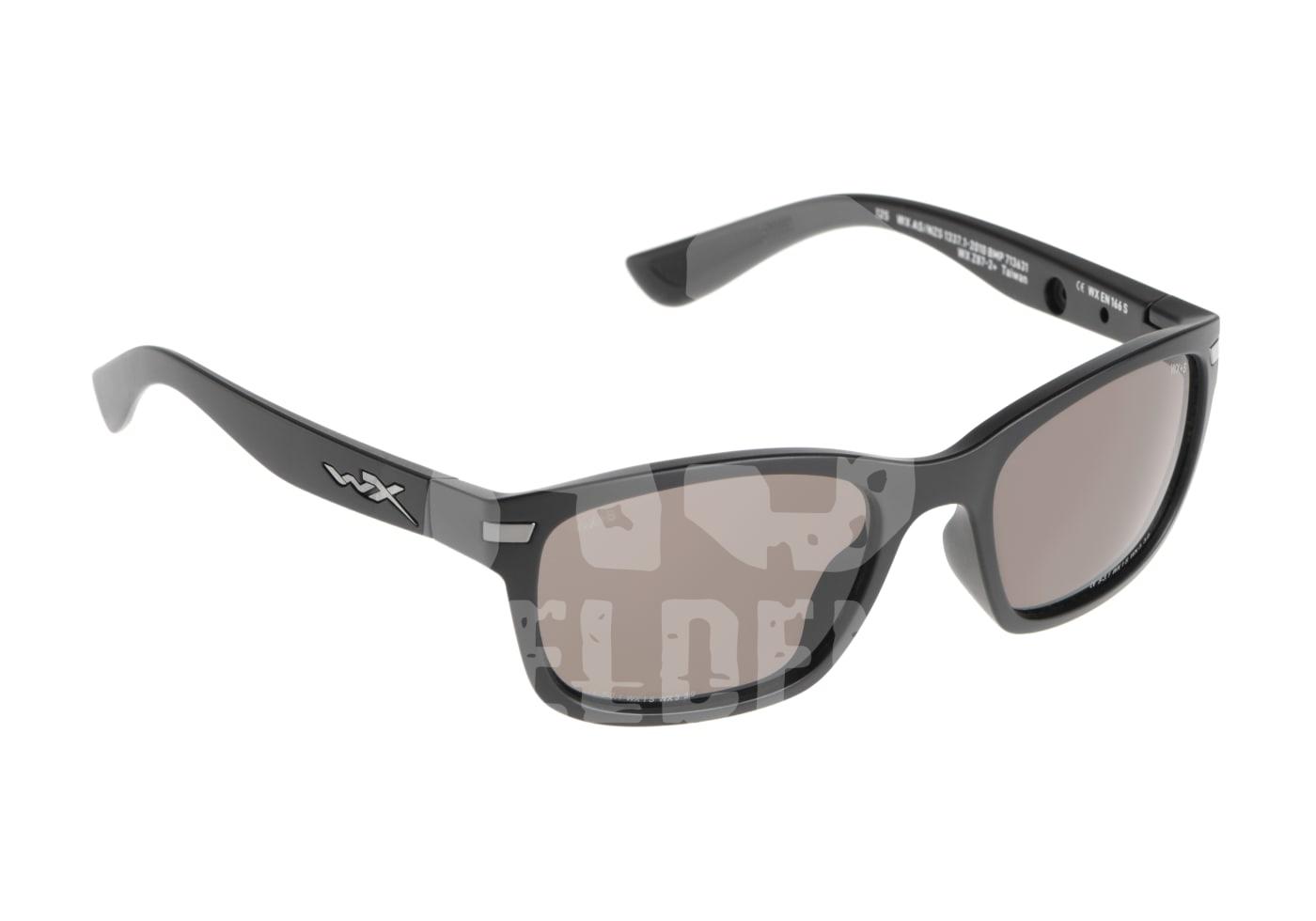 Schwarze Airsoft-Schutzbrille mit grauen Gläsern und WX-Logo seitlich. Ideal für taktische Anwendungen.