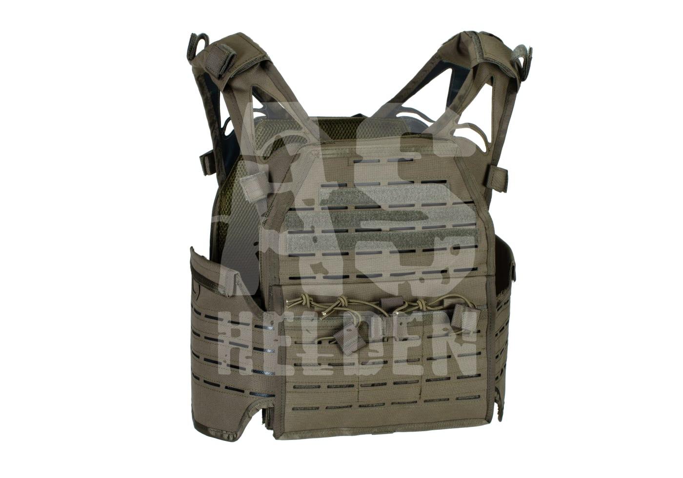 Taktische Weste in olivgrün mit Lasercut-MOLLE-System für Airsoft-Ausrüstung.
