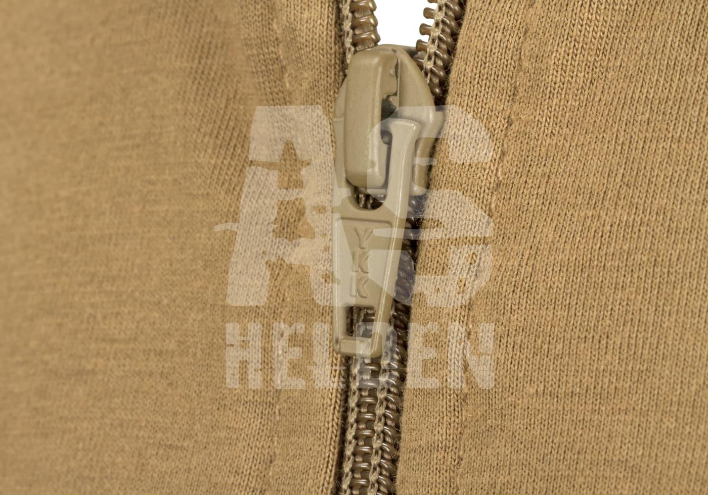 Nahaufnahme eines beigen Reißverschlusses auf Textilstoff.
