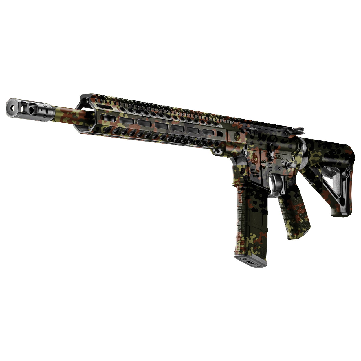 Tarnmuster Airsoft-Gewehr mit taktischer Schiene und Mündungsbremse, auf weißem Hintergrund.