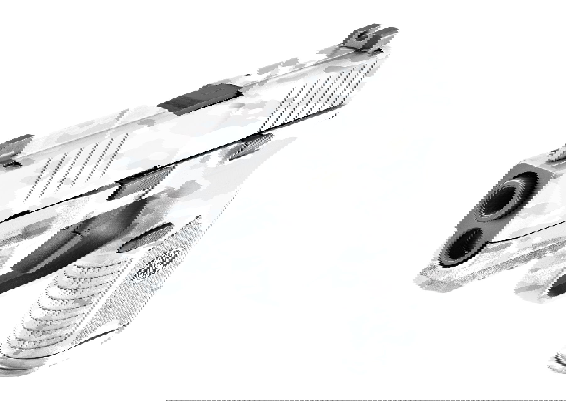 Airsoft-Pistole in weiß-grauem Tarnmuster, modern und kompakt gestaltet.