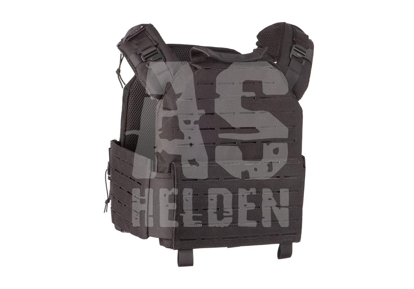 Schwarzer Airsoft-Plattenträger mit Molle-System und verstellbaren Schultergurten.