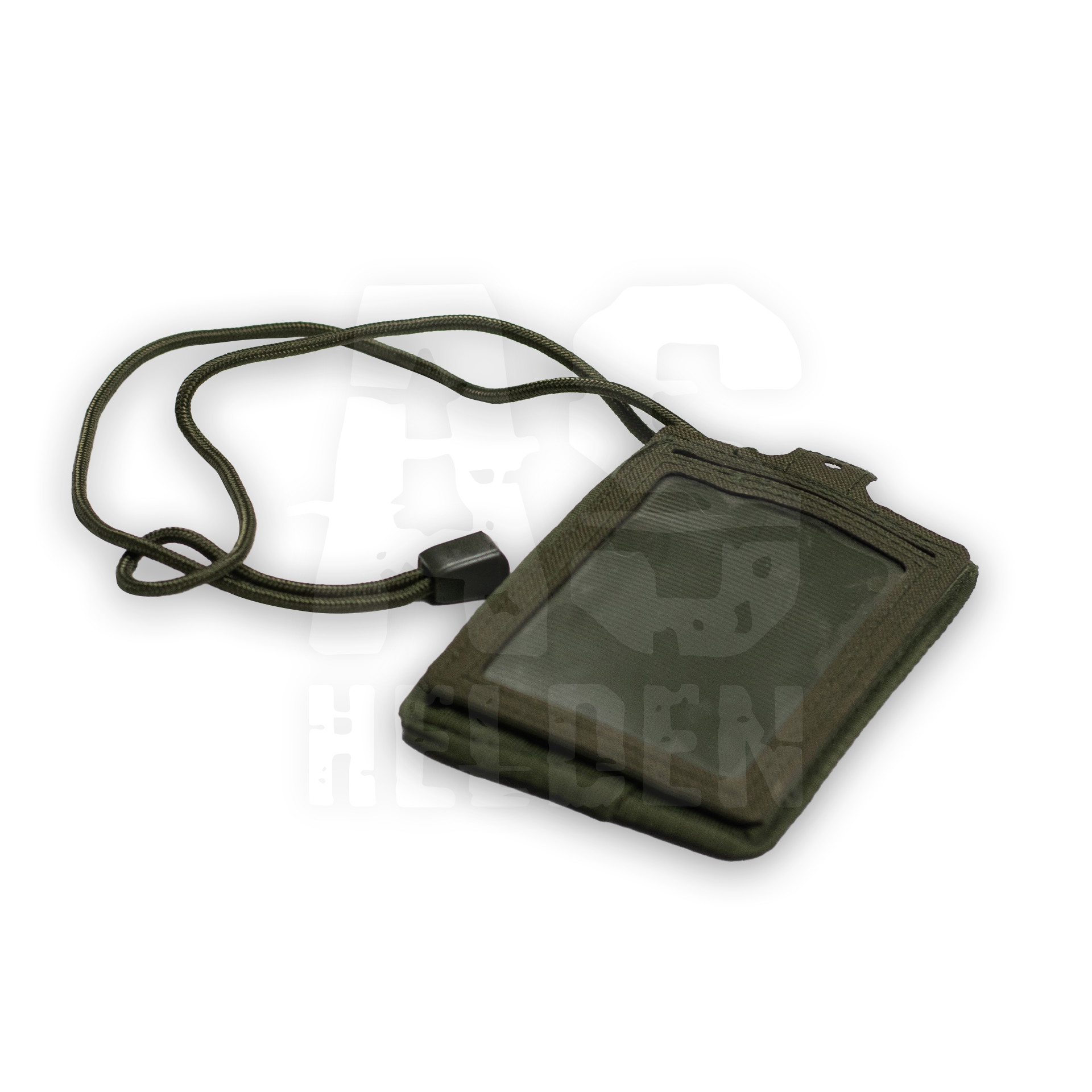 Taktisches Nackenetui in Oliv mit transparentem ID-Fach und verstellbarem Band für Airsoft-Einsätze.