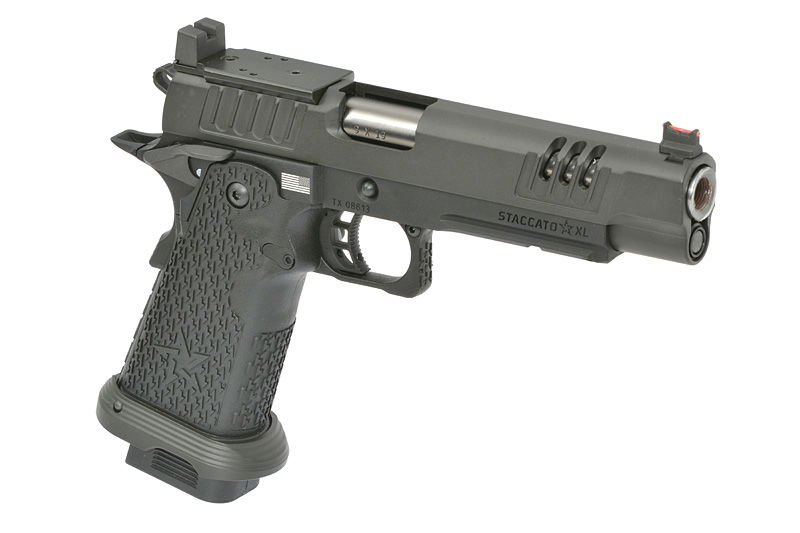 Airsoft-Pistole, schwarz, seitliche Ansicht, Griffsicherung und Zielvorrichtung sichtbar. Modell Staccato XL.