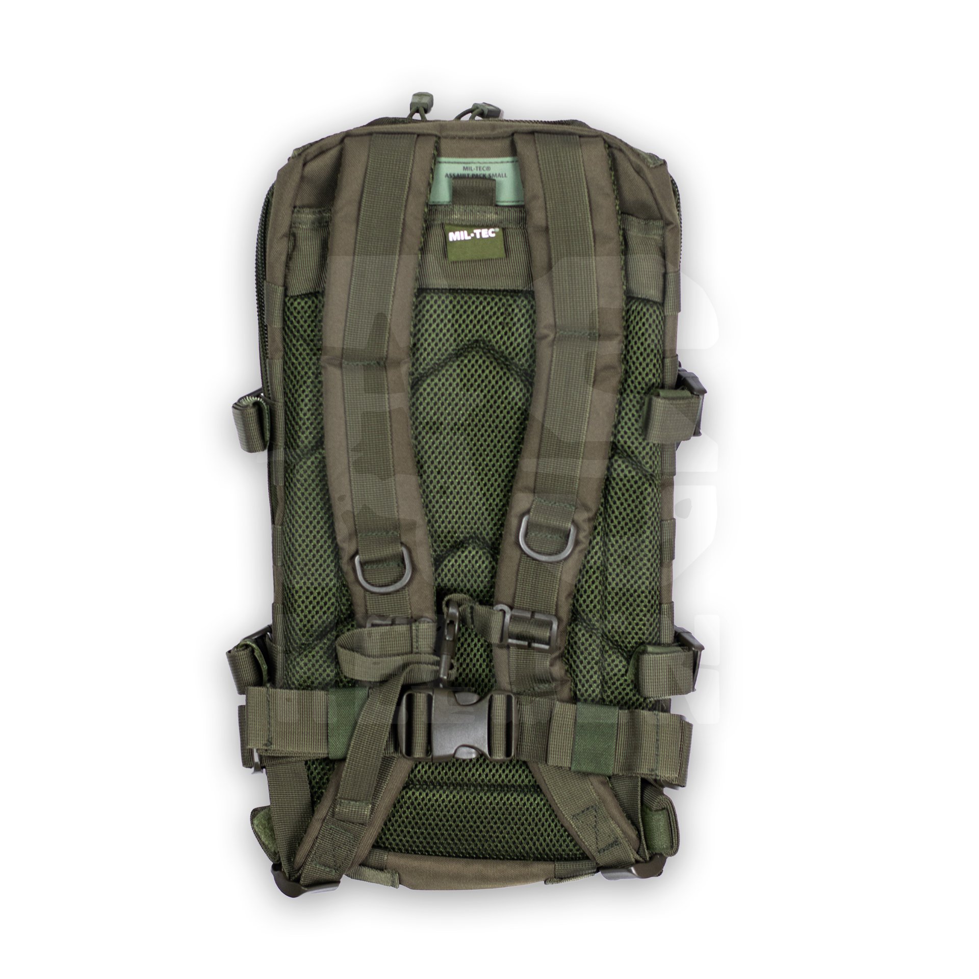 US ASSAULT PACK SM OLIV Taktischer, olivgrüner Rucksack von Mil-Tec mit gepolsterten Gurten und Befestigungsriemen.
