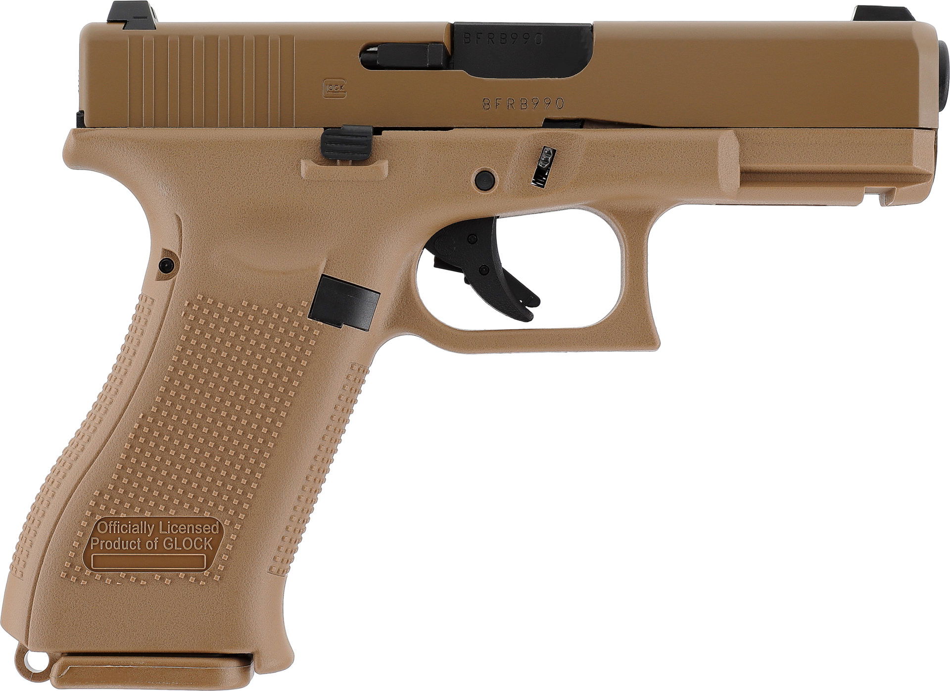 Tan Airsoft-Pistole im Glock-Stil, seitliches Profil, detaillierter Griff.