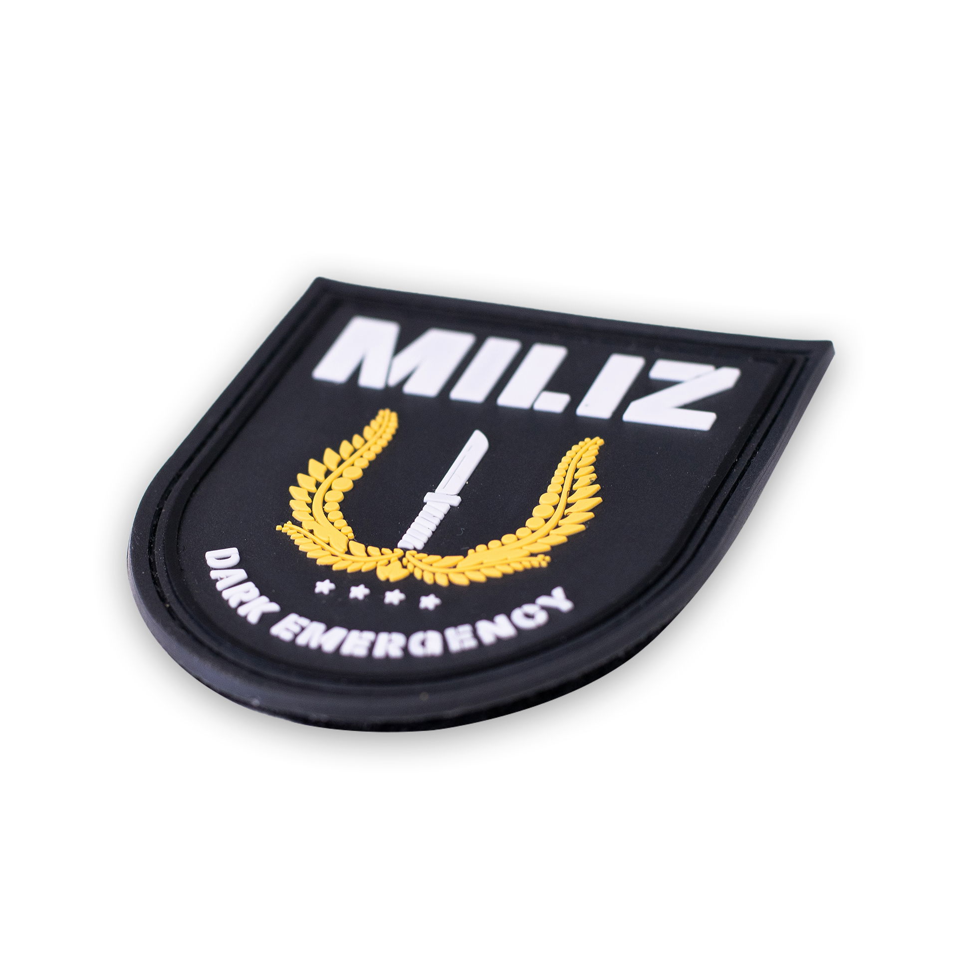 Schwarzer "MILIZ" Patch mit Lorbeerkranz, Dolch und "Dark Emergency" Schriftzug.