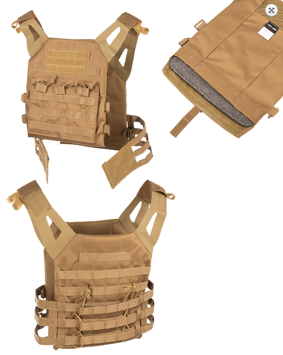 Taktische Weste in Coyote-Braun mit MOLLE-System und Klettflächen, ideal für Airsoft.