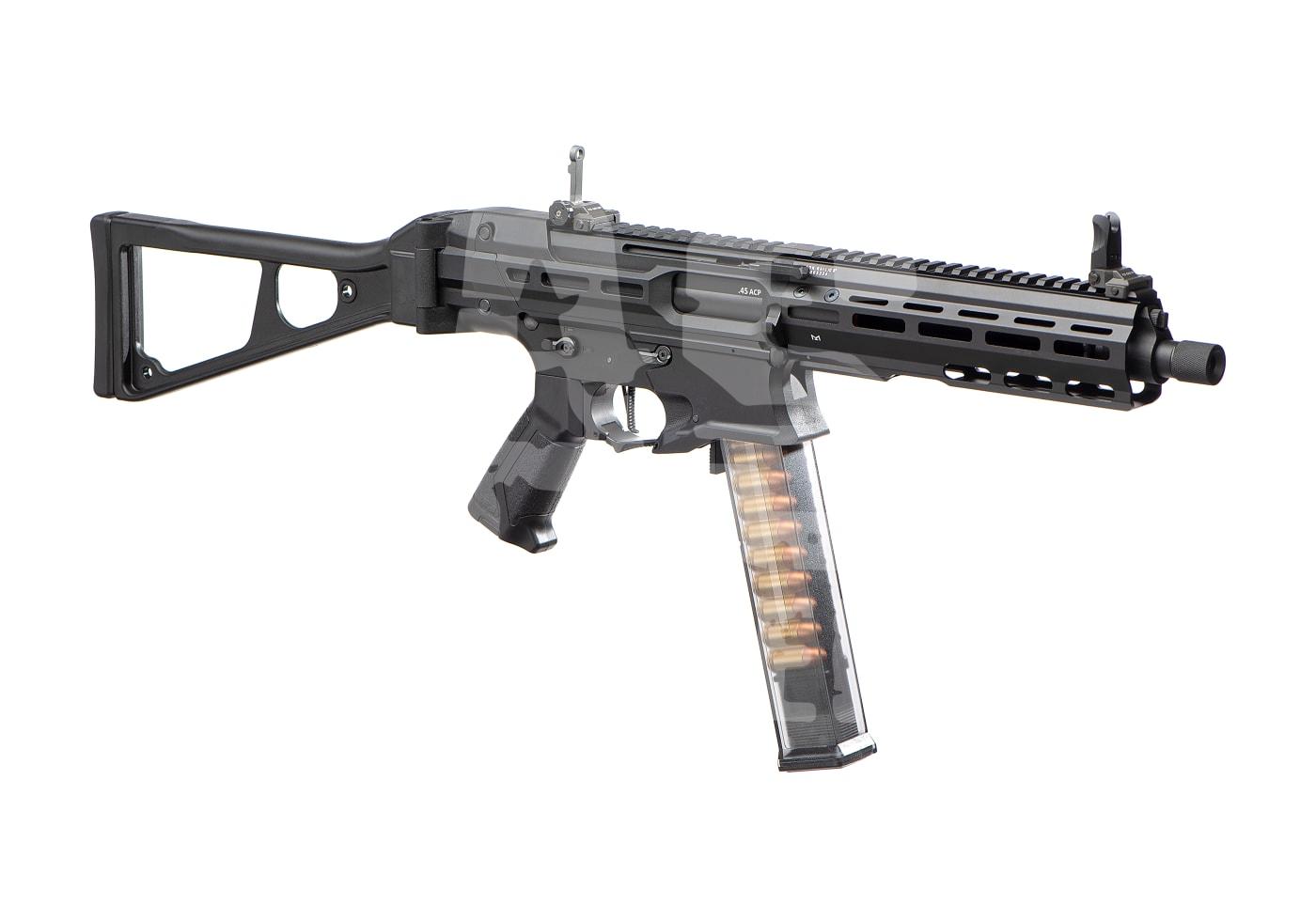 Airsoft-Gewehr, Schaft, Picatinny-Schiene, transparentes Magazin mit sichtbaren Patronen.
