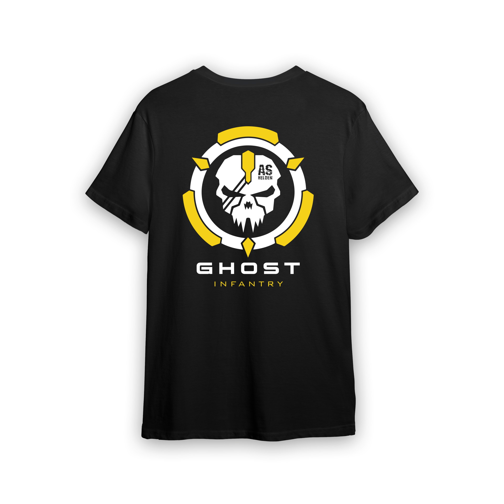 Schwarzes T-Shirt mit gelbem "Ghost Infantry"-Logo und Totenkopf-Design auf der Rückseite.
