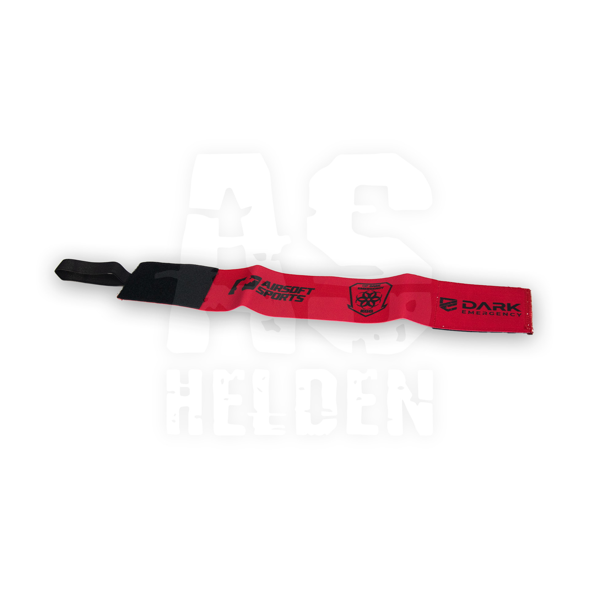 Rotes Airsoft-Armband mit schwarzen Logos von Airsoft Sports und Dark Emergency.