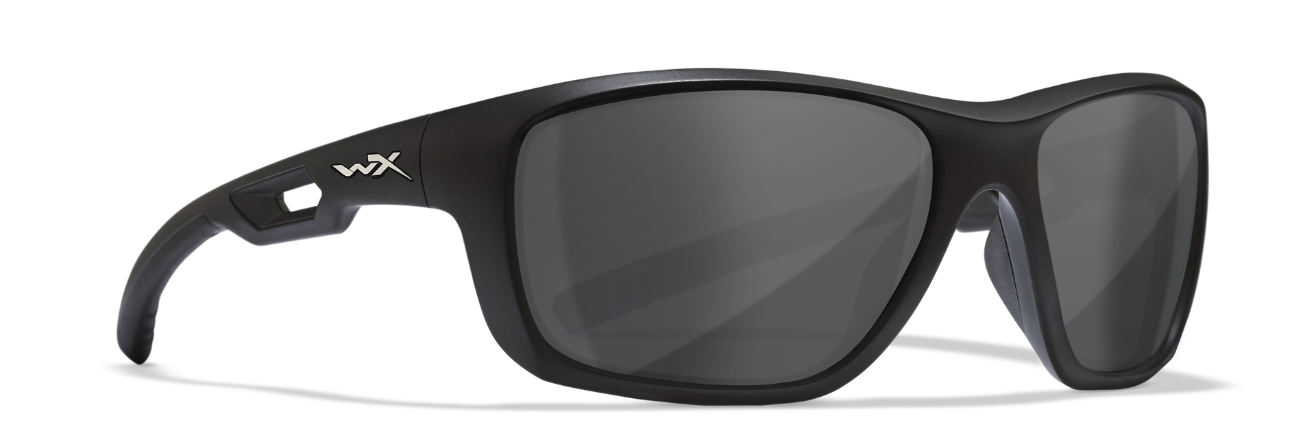 Schwarze Sport-Sonnenbrille mit dunklen Gläsern und WX-Logo auf dem Bügel.