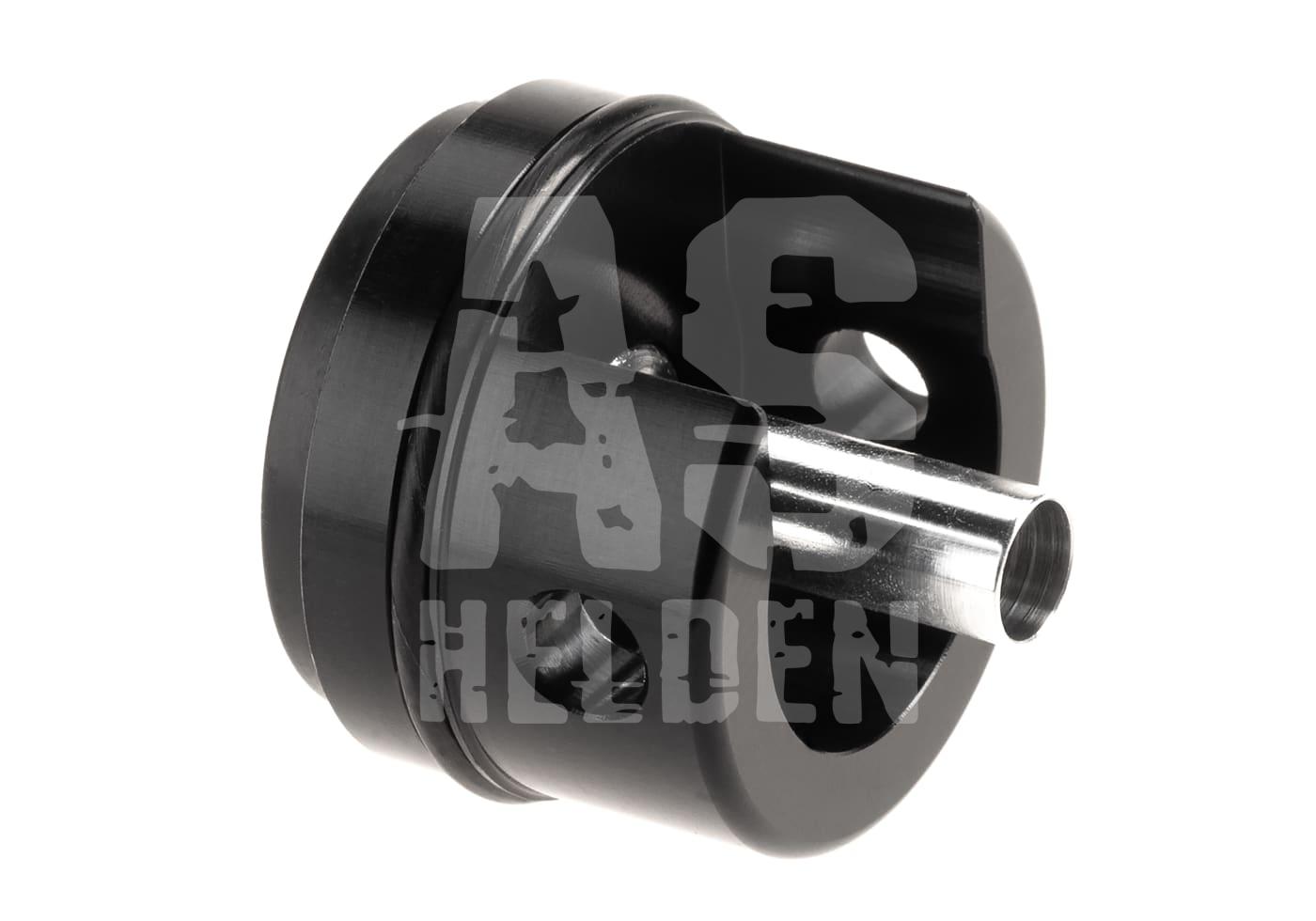 Schwarzer Airsoft-Zylinderkopf mit silbernem Röhrchen, seitlicher Ansicht.