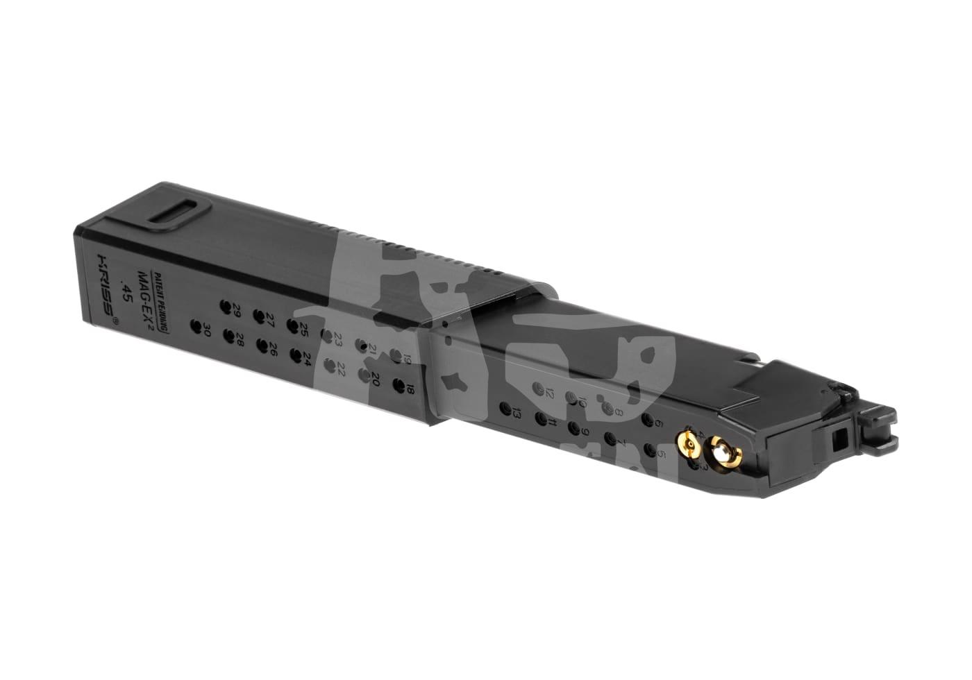Schwarzes Airsoft-Magazin für Pistole, mit Kapazitätsmarkierungen und Anschlussventil.