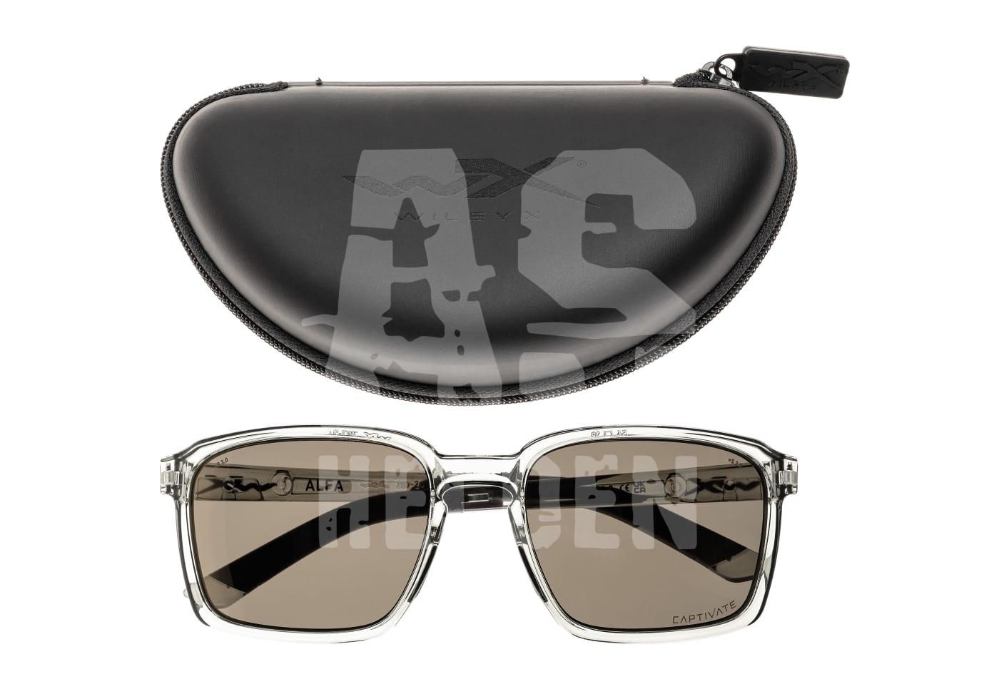 Transparente Schutzbrille mit dunklen Gläsern und schwarzem Etui, ideal für Airsoft.