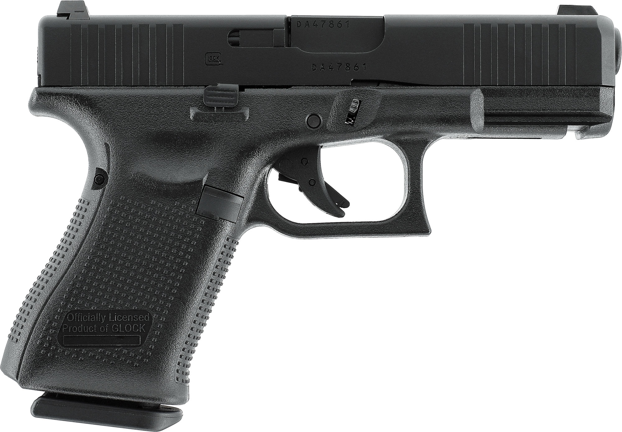 Schwarze Airsoft-Pistole, seitliche Ansicht, kompakt mit strukturiertem Griff und Abzugsschutz.