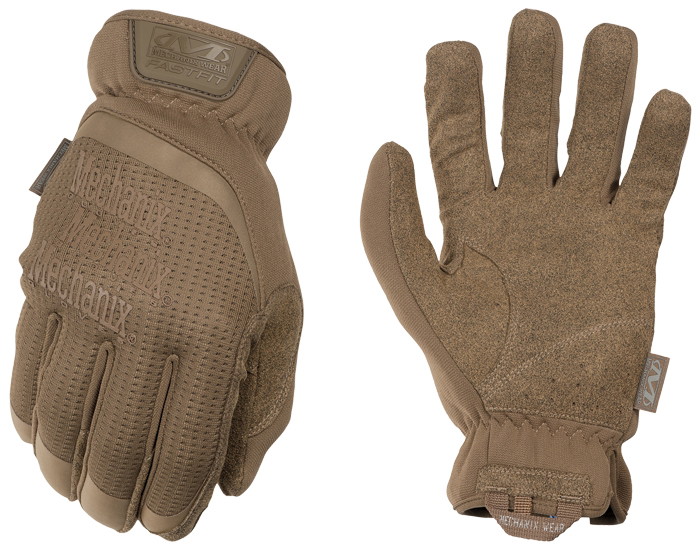 Taktische braune Mechanix-Handschuhe, ideal für Airsoft, zeigen verstärkte Innenhand und Flexibilität.