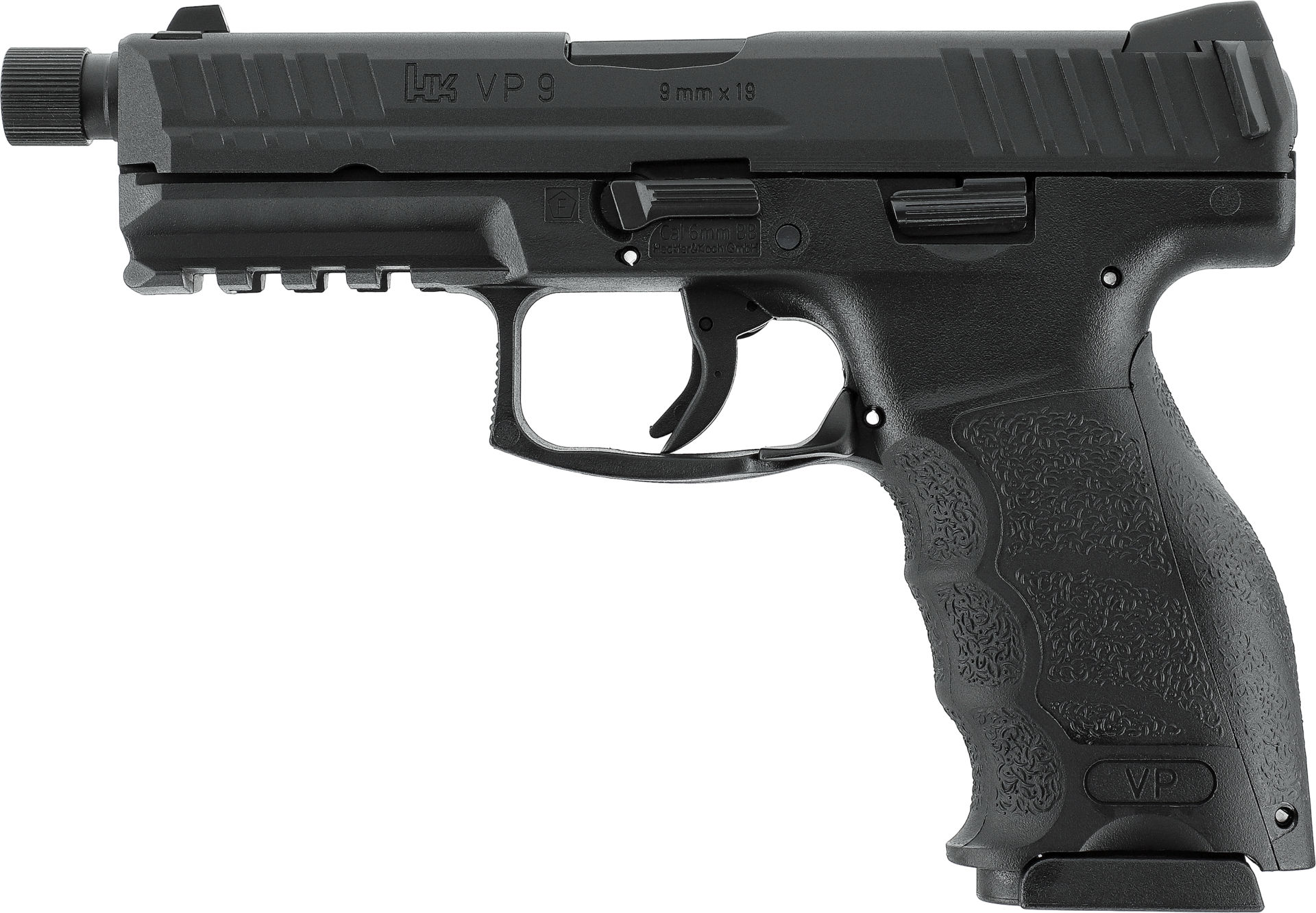 Schwarze Airsoft-Pistole mit geriffeltem Griff, Schlitten mit Gewinde und Schiene für Zubehör.