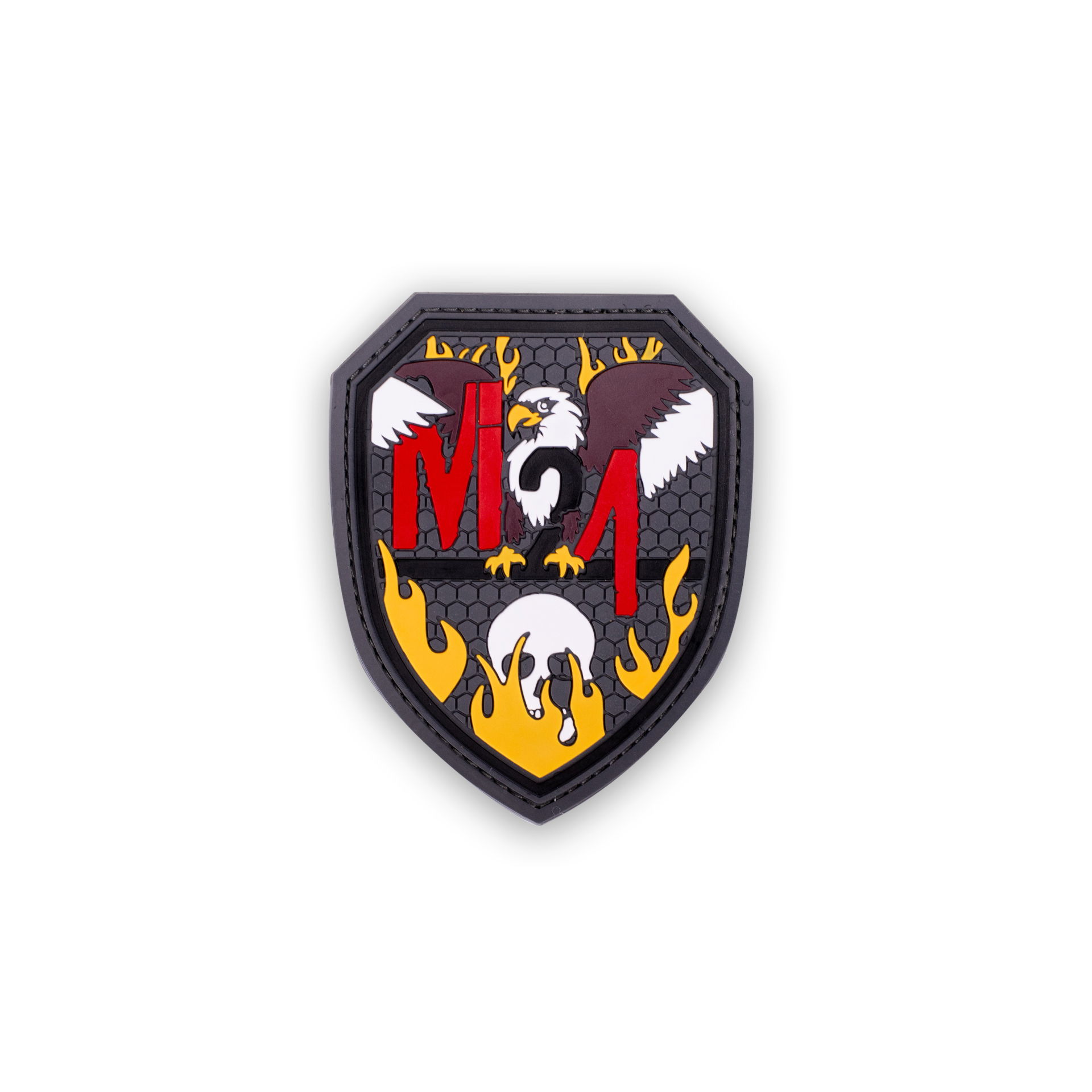 Taktisches Airsoft-Patch mit Adler, Flammen und "M4"-Motiv auf schwarzem Wappenhintergrund.